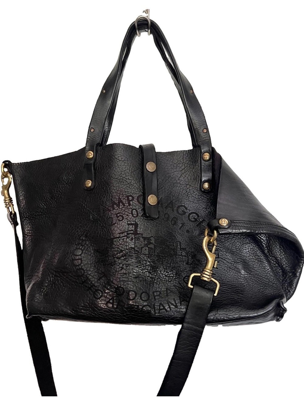 Campomaggi Teodorano Black Leather Large Logo Hammered Shopper Tote Bag Italy